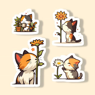 Kawaii Calico Cats and Flowers Sticker Set