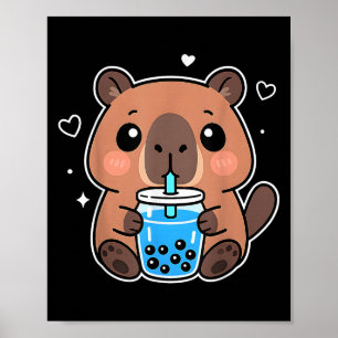 Kawaii Capybara Boba Drink Japanese Cute Anime Cap Poster
