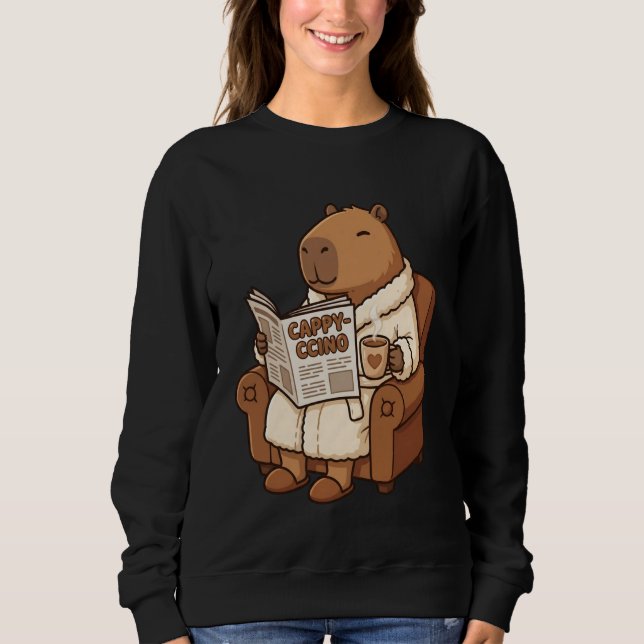 Kawaii Capybara Coffee Pun Cappy-ccino Reading New Sweatshirt (Front)