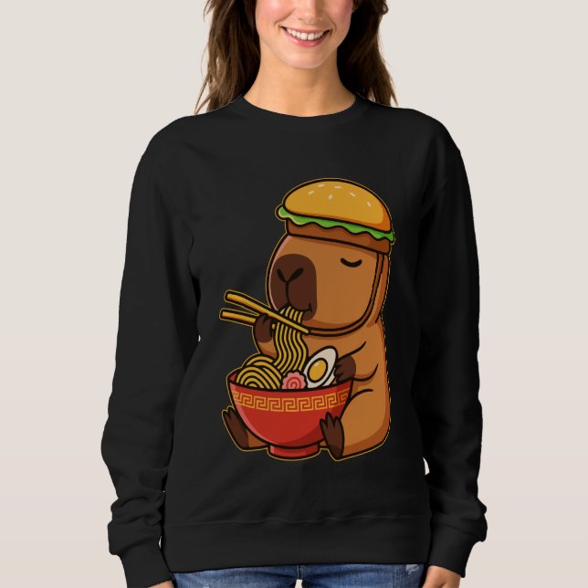Kawaii Capybara with Burger Hat Eating Japanese Ra Sweatshirt (Front)