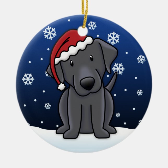 Kawaii Cartoon Black Lab Christmas Ceramic Tree Decoration (Front)