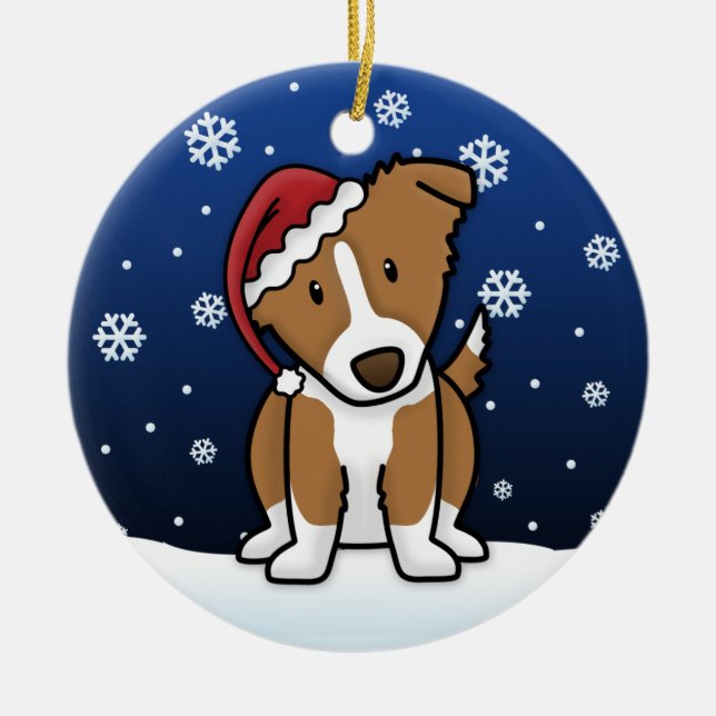Kawaii Cartoon Brown Border Collie Christmas Ceramic Tree Decoration (Front)