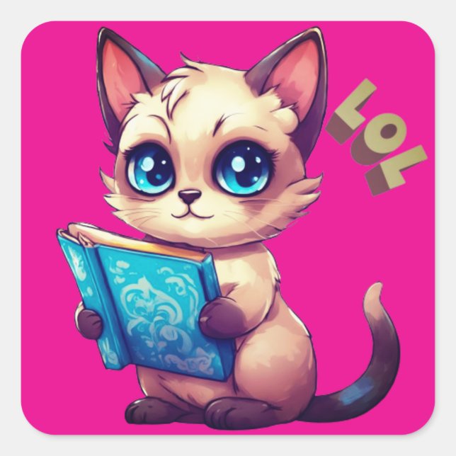 Kawaii cartoon cat reading a book  square sticker (Front)
