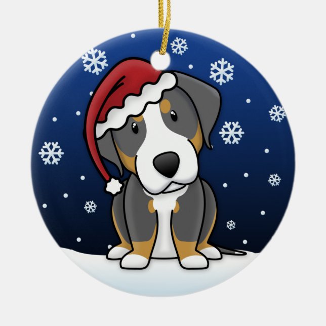 Kawaii Cartoon Greater Swiss Mountain Dog Xmas Ceramic Tree Decoration (Front)