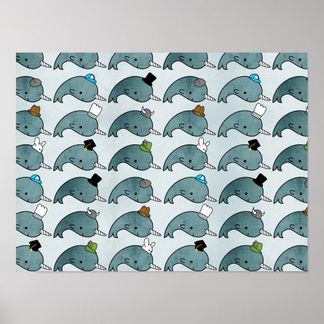 Kawaii Cartoon Grunge Narwhals with hats Poster (Front)