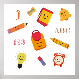 Kawaii Cartoon School Supplies Classroom Poster 