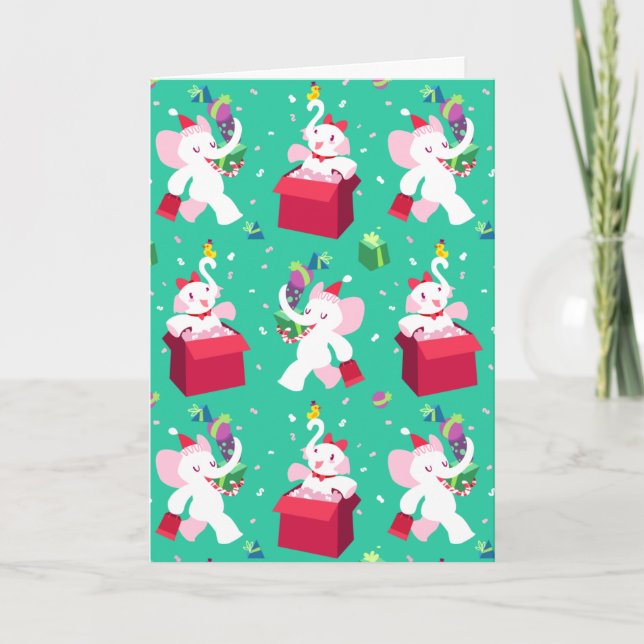 Kawaii Cartoon X-mas White Elephant Holiday Card (Front)