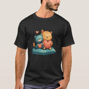 Kawaii Cat and Teddy Bear Holding Big Hearts T-Shirt