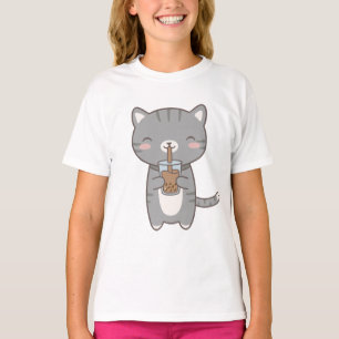 Kawaii Cat Boba Milk Tea Cute Grey Tabby Kitten T-Shirt