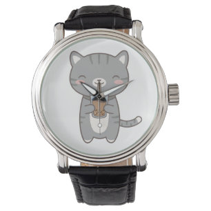 Kawaii Cat Boba Milk Tea Cute Grey Tabby Kitten Watch