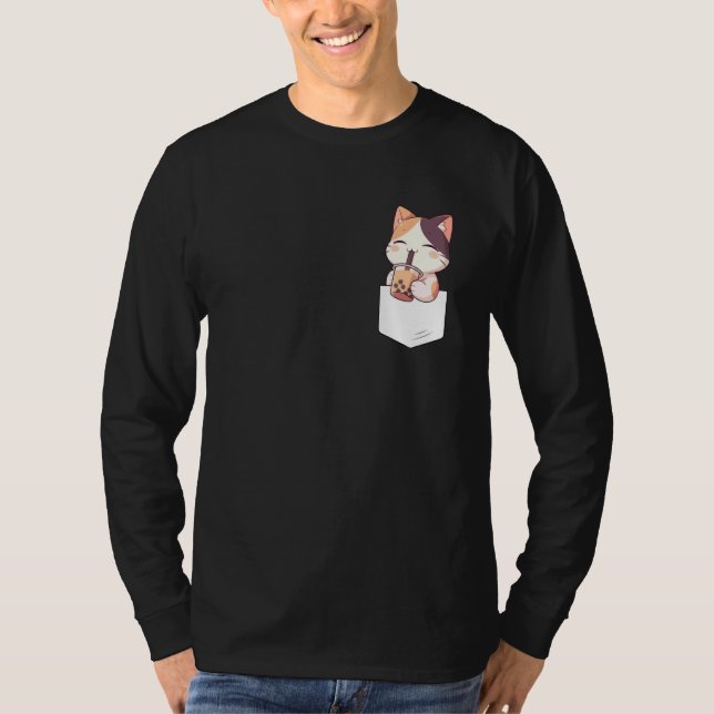 Kawaii Cat Boba Pocket Japanese cute aesthetic Ani T-Shirt (Front)