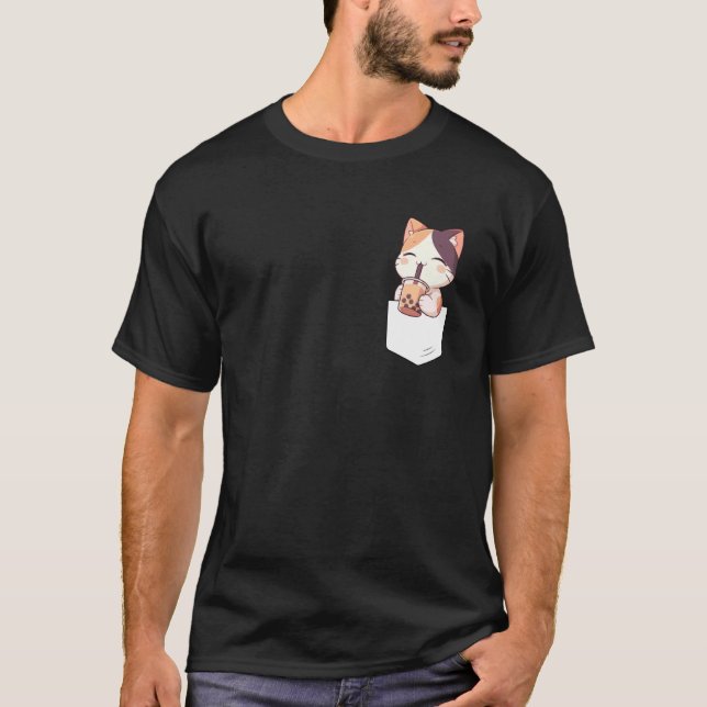 Kawaii Cat Boba Pocket Japanese cute aesthetic Ani T-Shirt (Front)