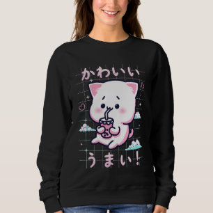 Kawaii Cat Boba Retro Japanese Aesthetic Cute Anim Sweatshirt
