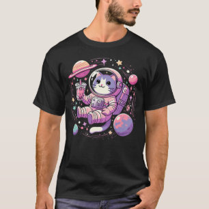 Kawaii Cat Bubble Boba Tea In Space Astronaut T-Shirt