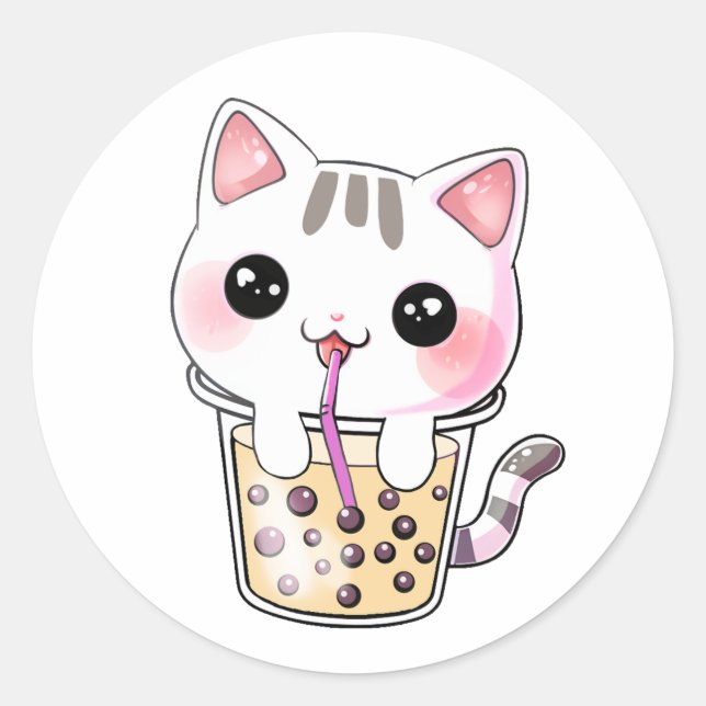 Kawaii cat bubble tea classic round sticker (Front)