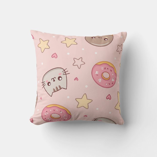 Kawaii Cat, Doughnut, and Star Pattern  Cushion (Front)