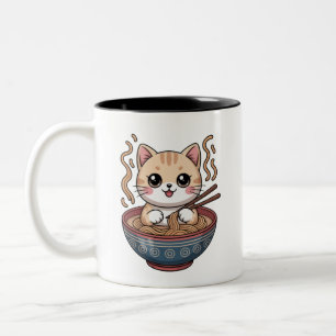 Kawaii Cat Eating Ramen Cute Design Two-Tone Coffee Mug