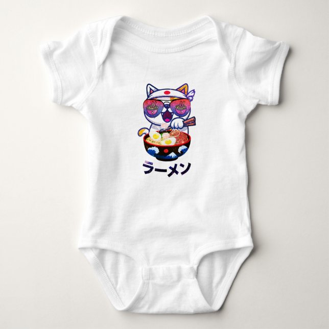 Kawaii Cat Eating Ramen – Cute Japanese Noodles Baby Bodysuit (Front)