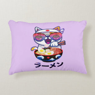 Kawaii Cat Eating Ramen – Cute Japanese Noodles Decorative Cushion