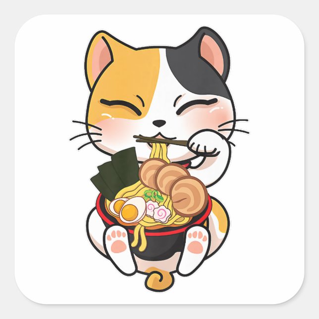 Kawaii Cat Eating Ramen Japanese Food Pet Lover Square Sticker (Front)