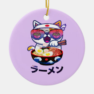Kawaii Cat Eating Ramen Noodles Ceramic Tree Decoration