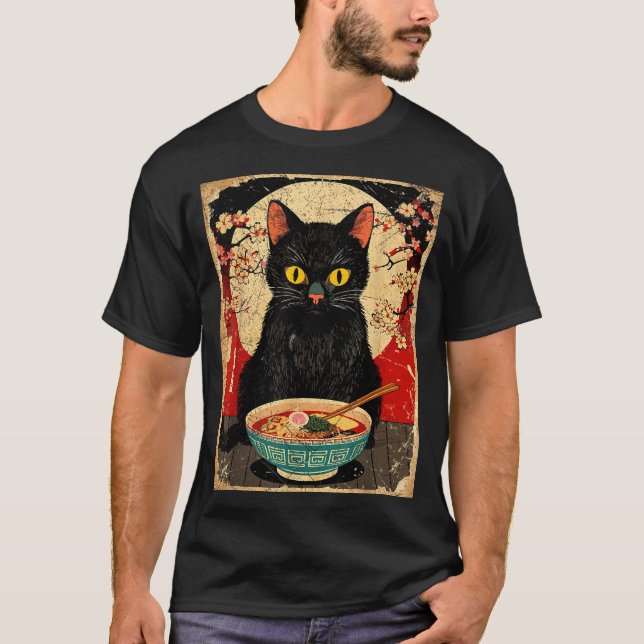 Kawaii Cat Eating Ramen Noodles Funny Anime Gift G T-Shirt (Front)