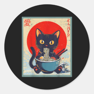 Kawaii Cat Eating Ramen Noodles Funny Anime Girls  Classic Round Sticker