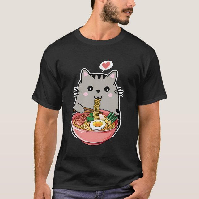 Kawaii Cat Eating Ramen Noodles Kawaii Anime Cat R T-Shirt (Front)