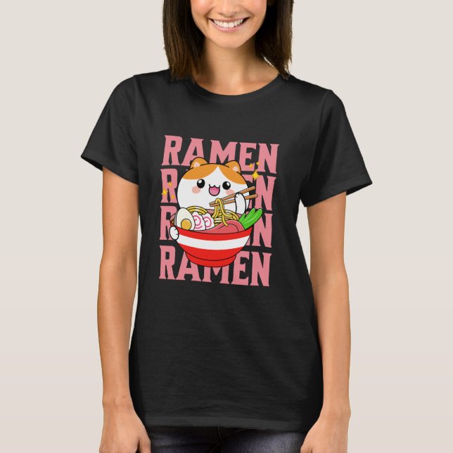 Kawaii Cat eating Ramen T-Shirt (Front)