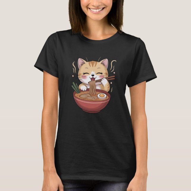 Kawaii Cat Eating Ramen T-Shirt (Front)