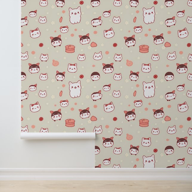 Kawaii Cat Faces Pattern with Bows & Sweets Wallpaper (Application)