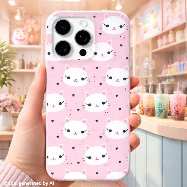 Kawaii Cat Faces with Hearts – Cute Pink Pattern Case-Mate iPhone Case (Creator Uploaded)