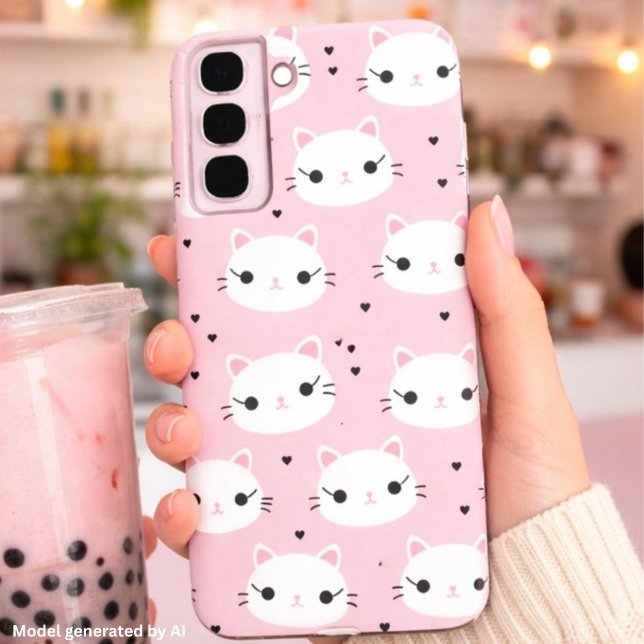Kawaii Cat Faces with Hearts – Cute Pink Pattern Samsung Galaxy S22+ Case (Creator Uploaded)