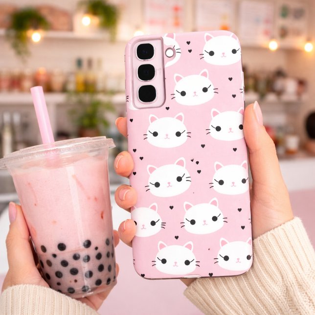 Kawaii Cat Faces with Hearts – Cute Pink Pattern Samsung Galaxy S22+ Case (Creator Uploaded)