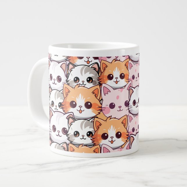 Kawaii Cat feline Kitten pet face doodle print pat Large Coffee Mug (Front Left)