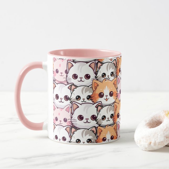 Kawaii Cat feline Kitten pet face doodle print pat Mug (With Donut)
