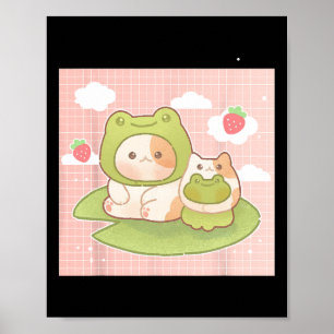 Kawaii Cat Frog Strawberry Retro 90s Cottagecore A Poster