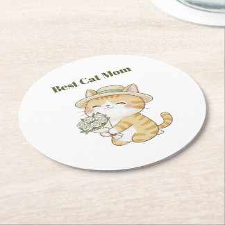 Kawaii Cat Gardener Rose Bouquet Paper Coaster
