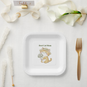 Kawaii Cat Gardener Rose Bouquet Paper Plate