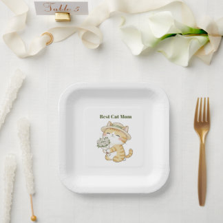 Kawaii Cat Gardener Rose Bouquet Paper Plate