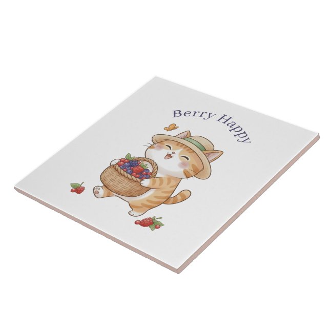 Kawaii Cat Gardener Summer Berry Ceramic Tile (Side)
