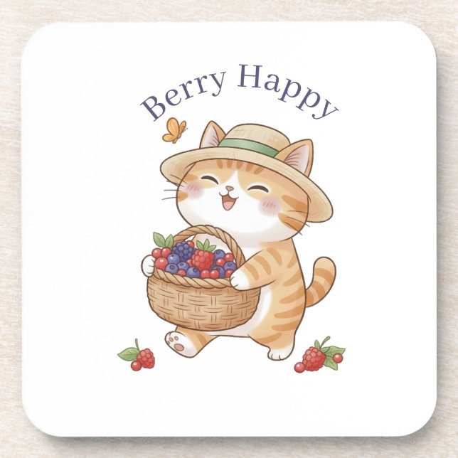 Kawaii Cat Gardener Summer Berry Plastic Coaster (Front)
