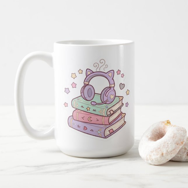 Kawaii Cat Headphone Magic Books Mug (With Donut)
