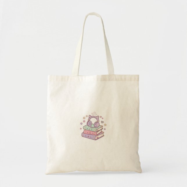 Kawaii Cat Headphone Magic Books Tote Bag (Front)
