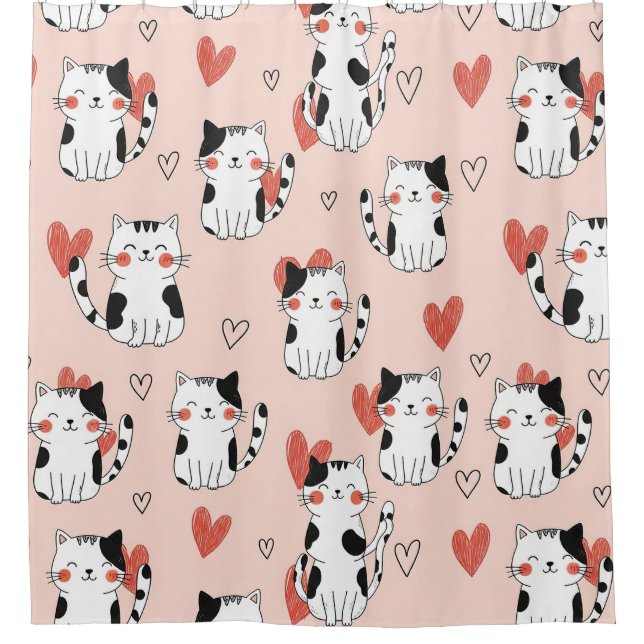 Kawaii Cat & Hearts Valentine Pattern (11) Shower Curtain (Front)