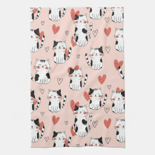 Kawaii Cat & Hearts Valentine Pattern (11) Tea Towel