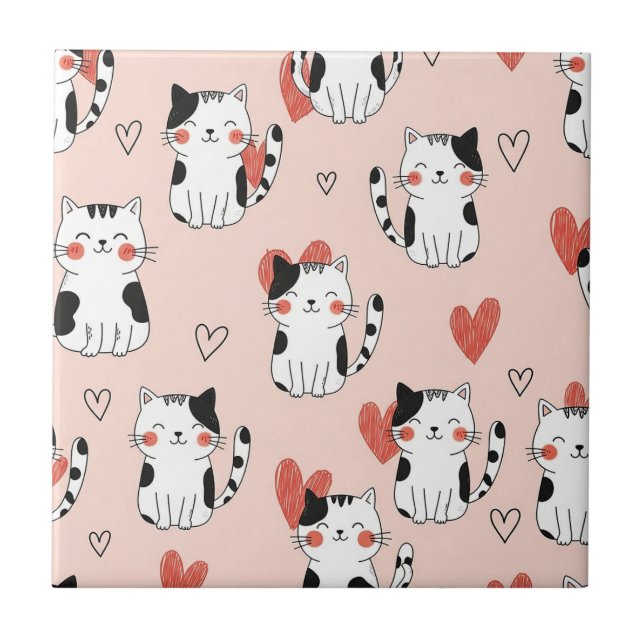 Kawaii Cat & Hearts Valentine Pattern (11) Tile (Front)