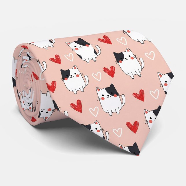 Kawaii Cat & Hearts Valentine Pattern (1) Tie (Rolled)