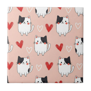 Kawaii Cat & Hearts Valentine Pattern (1) Tile