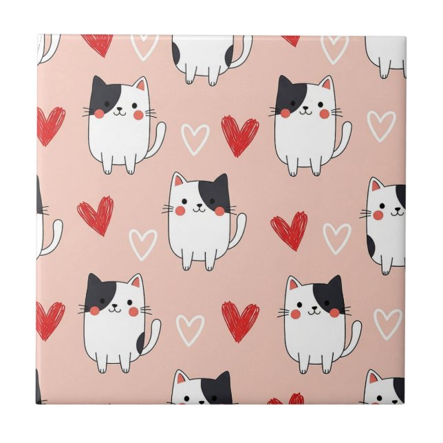 Kawaii Cat & Hearts Valentine Pattern (1) Tile (Front)